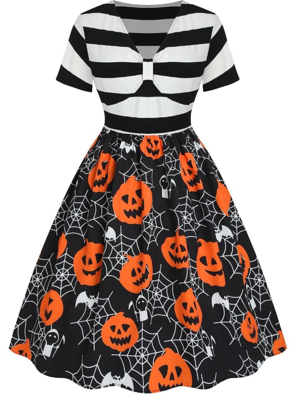 🎃Women's Pumpkin Black Funny Striped A-line V Neck Short Sleeve Halloween Dress